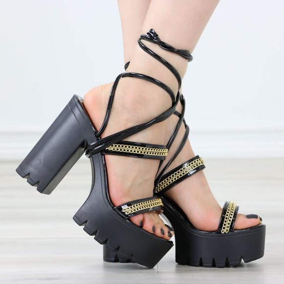 Black Open Toe Block Chunky High Heel Sandals Gold Chain Ankle Strap Ties Laces - Picture 1 of 14
